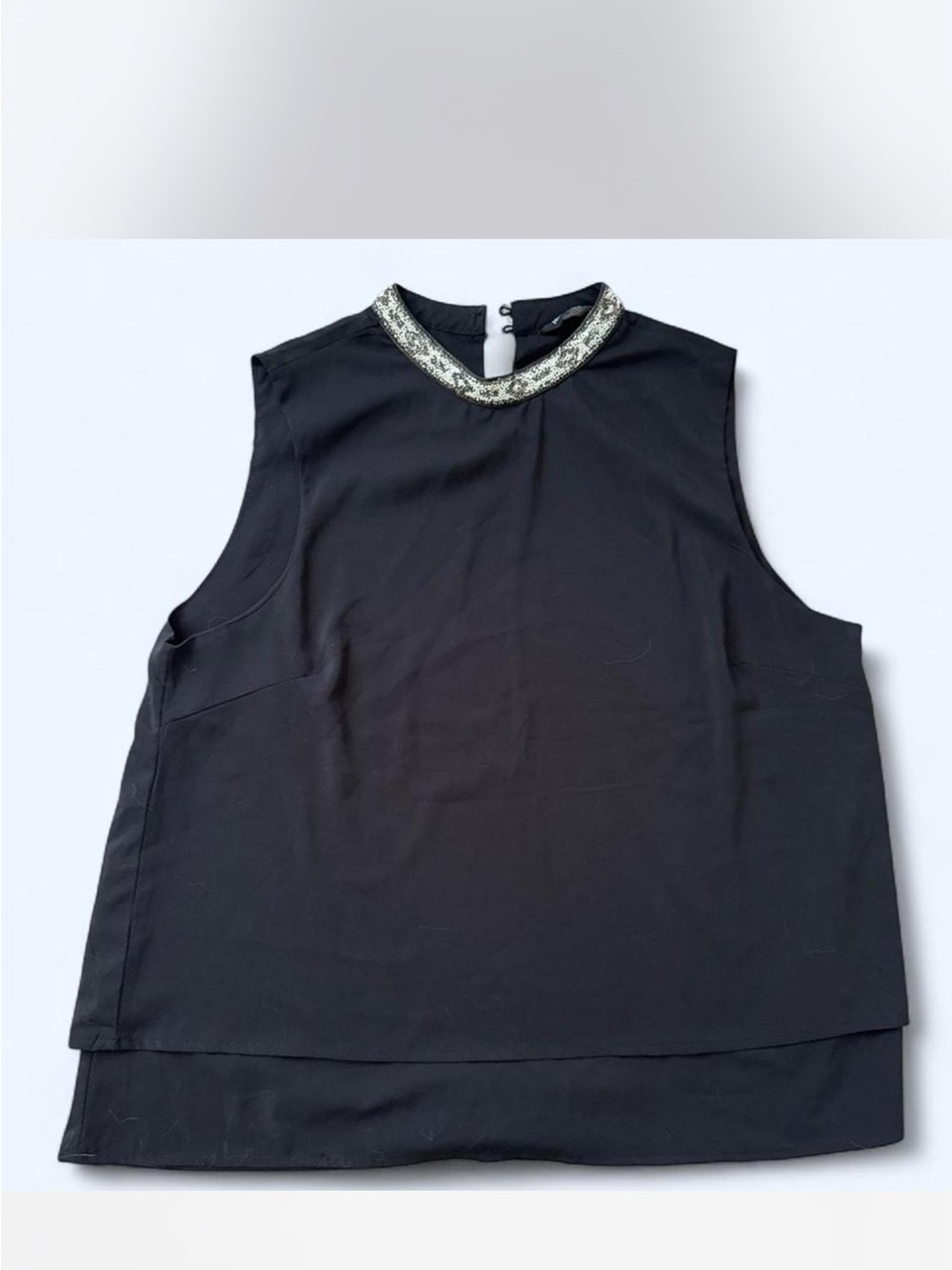 Black Sleeveless Camisole with Decorative Metallic Collar